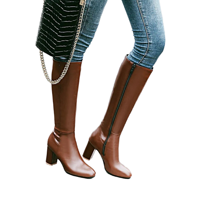 Braune Damen Stiefel aus Leder mit Blockabsatz und seitlichem Reißverschluss für bequemen Tragekomfort.