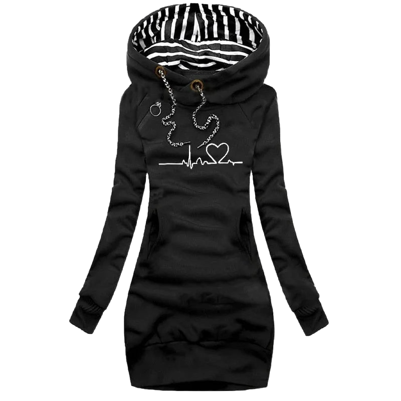 Schwarzer Damen Kapuzenpullover aus Baumwolle mit Herzlinienmuster und praktischer Kängurutasche. Ideal für den Alltag.