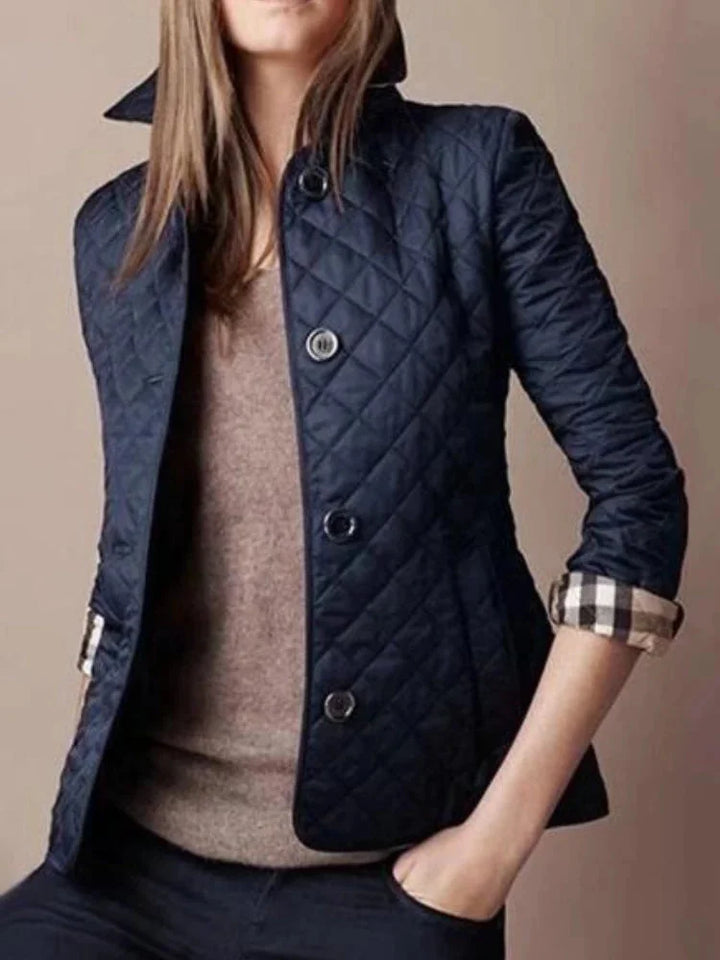 Damen Jackett in Marineblau, gestepptes Design mit Knopfverschluss, ideal für Alltag und formelle Anlässe.