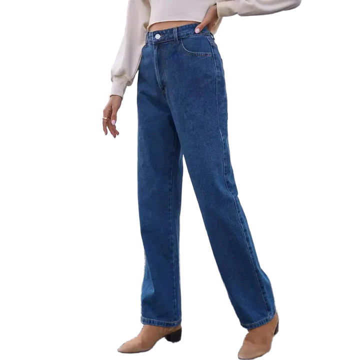 Damen Jeans im Mom-Style in Dunkelblau, aus leichter Baumwolle, mit hohen Taille und lockerer Passform für…