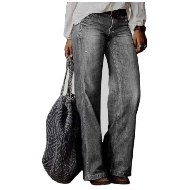 Hellgraue Damenjeans mit hoher Taille und weitem Bein aus weichem Baumwoll-Mix, ideal für lässige Outfits und bequemen Sitz.
