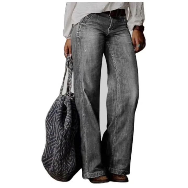 Hellgraue Damenjeans mit hoher Taille und weitem Bein aus weichem Baumwoll-Mix, ideal für lässige Outfits und bequemen Sitz.
