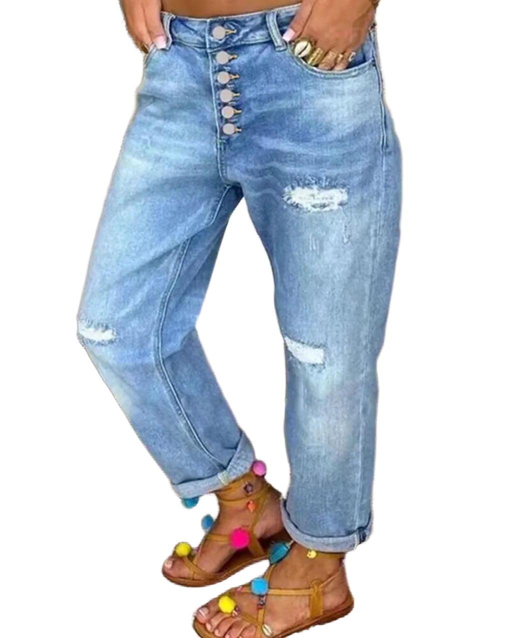 Damen Jeans in Blau mit Knopfleiste, Rissen und lässigem Schnitt aus robustem Denim für täglichen Komfort.