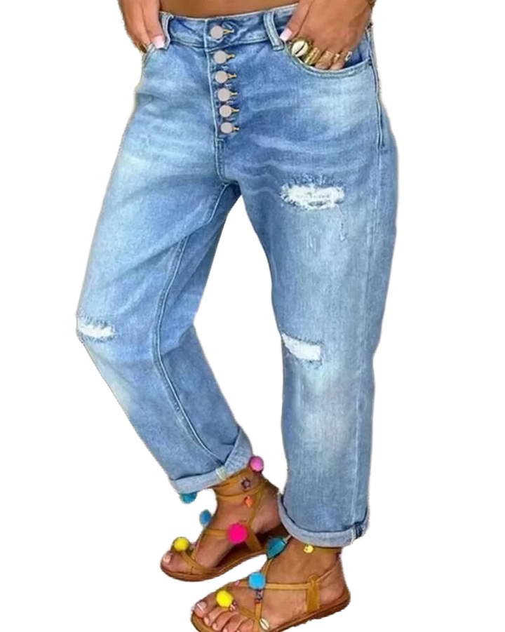 Damen Jeans in Blau mit Knopfleiste, Rissen und lässigem Schnitt aus robustem Denim für täglichen Komfort.