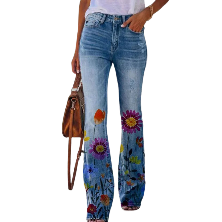 Lila Damenhose mit weitem Bein, aus leichtem Baumwollstoff und floralem Druck, ideal für sommerliche Anlässe und Freizeit.