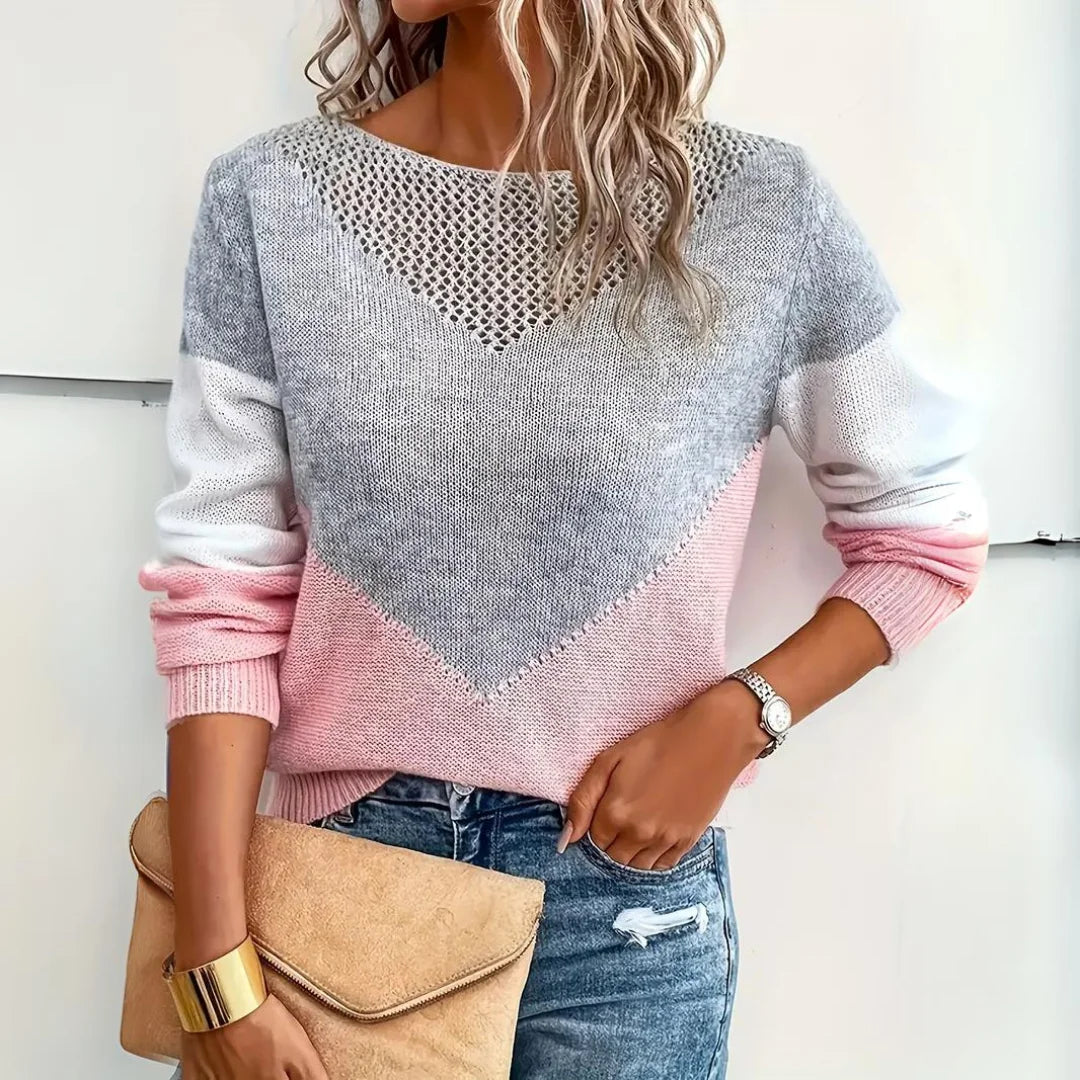 Damen Jumper mit V-Ausschnitt, Kontrastfarbe und detailliertem Strickmuster aus weicher Baumwolle für angenehmen…