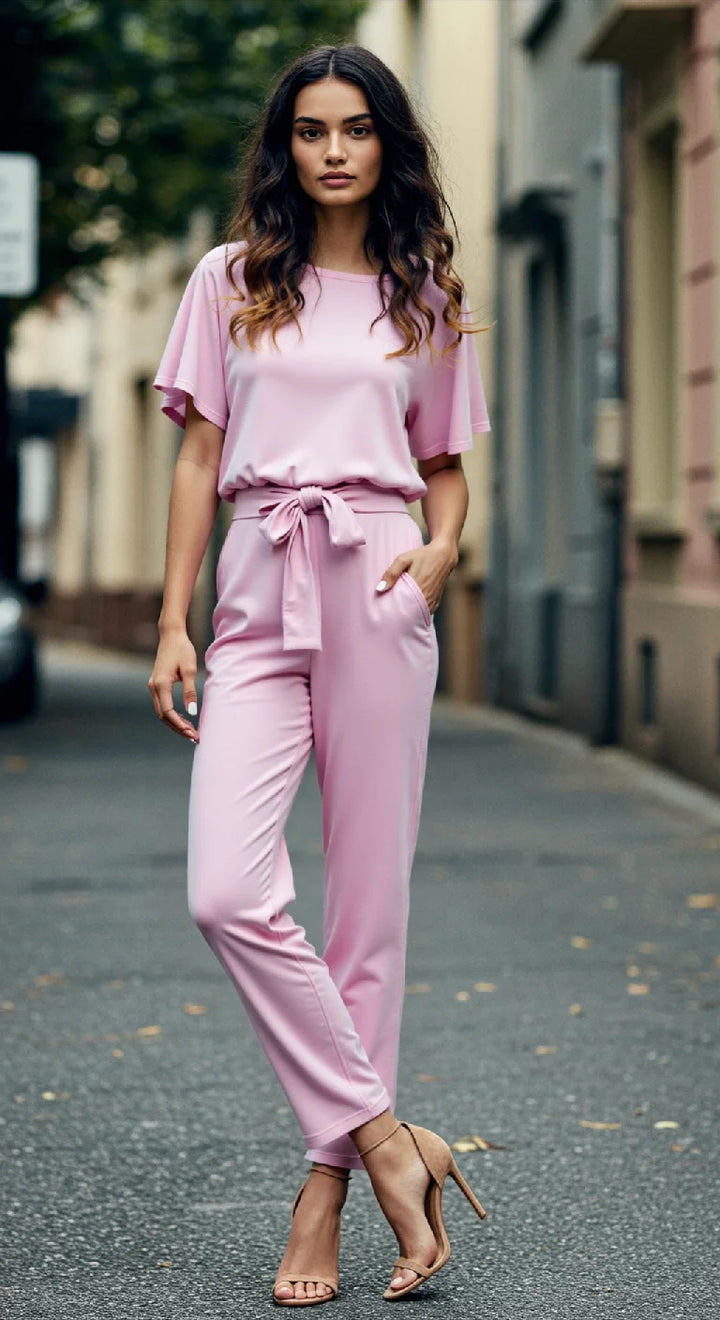 Damen Jumpsuit aus Leinen mit Bindegürtel, V-Ausschnitt und kurzen Ärmeln in schlichtem Design.