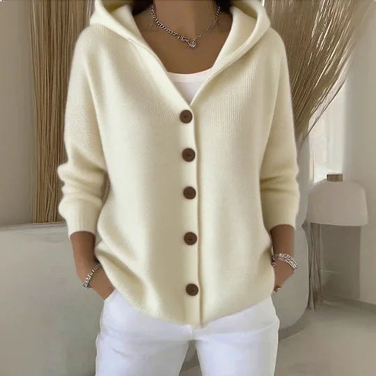 Beige Damen Kapuzen-Cardigan aus Baumwolle mit Knöpfen, lässiger Stil, bequem und ideal für den Alltag.