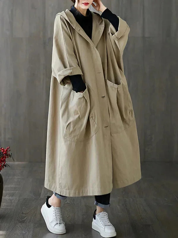 Damen Kapuzen-Trenchcoat aus bequemen Baumwollmix, mit großen Taschen und lässigem, zeitlosen Schnitt.