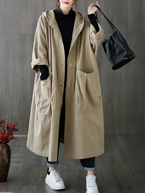 Damen Kapuzen-Trenchcoat aus robustem Baumwollmischgewebe mit großen Taschen und tailliertem Schnitt für einen modischen…