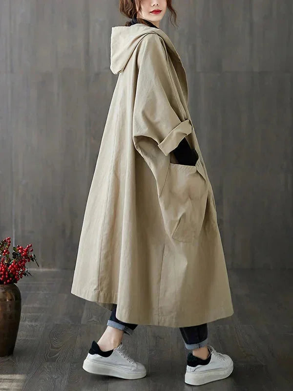Beige Damen Kapuzen-Trenchcoat aus leichtem Stoff, mit großen Taschen und einem lässigen Schnitt für komfortable…