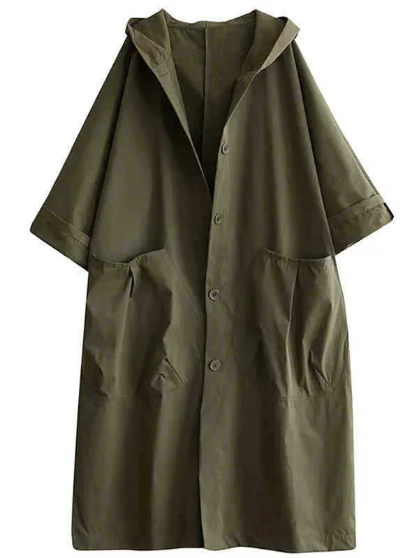 Damen Kapuzen-Trenchcoat in Grün, aus leichtem Baumwollmaterial, mit großen Taschen und schlichtem Schnitt für Alltag und…