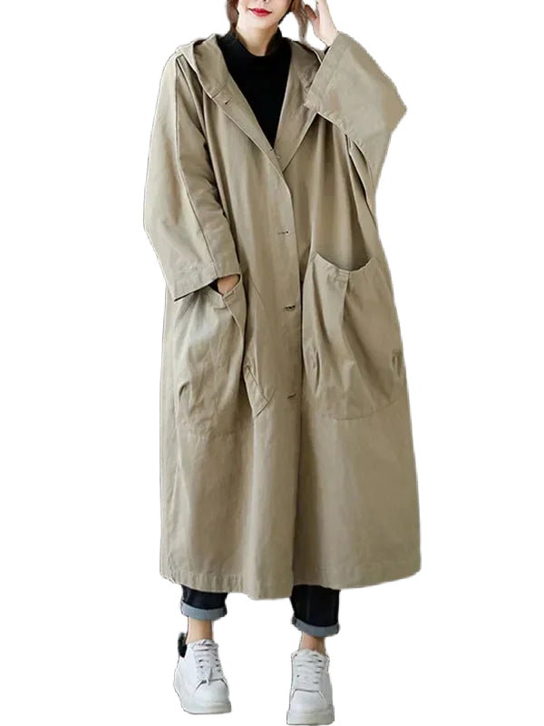 Damen Kapuzen-Trenchcoat aus robustem Material mit großen Taschen und knielanger Schnittführung für praktischen Tragekomfort.