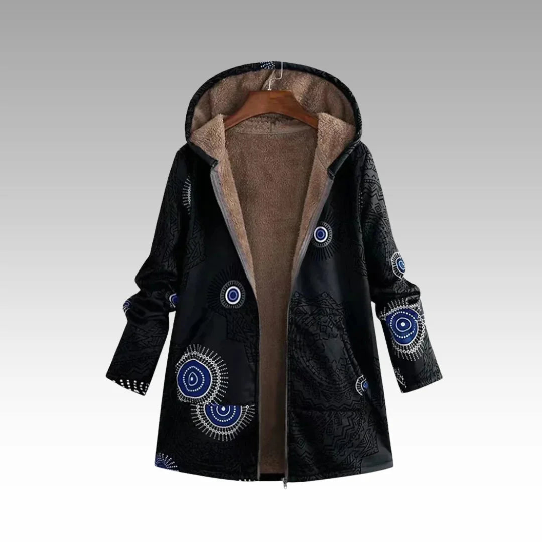 Schwarze Damen Kapuzenjacke mit Muster, Fleece-Futter und praktischen Taschen für Komfort und Wärme.