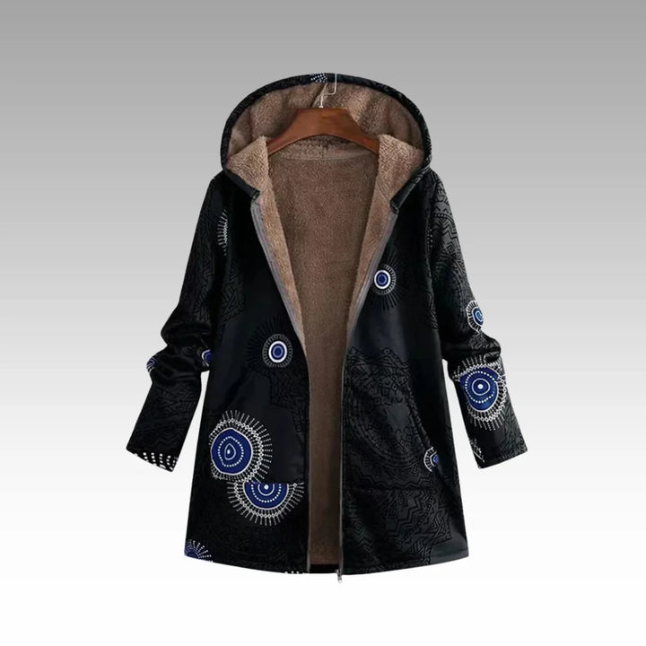 Schwarze Damen Kapuzenjacke mit Muster, Fleece-Futter und praktischen Taschen für Komfort und Wärme.