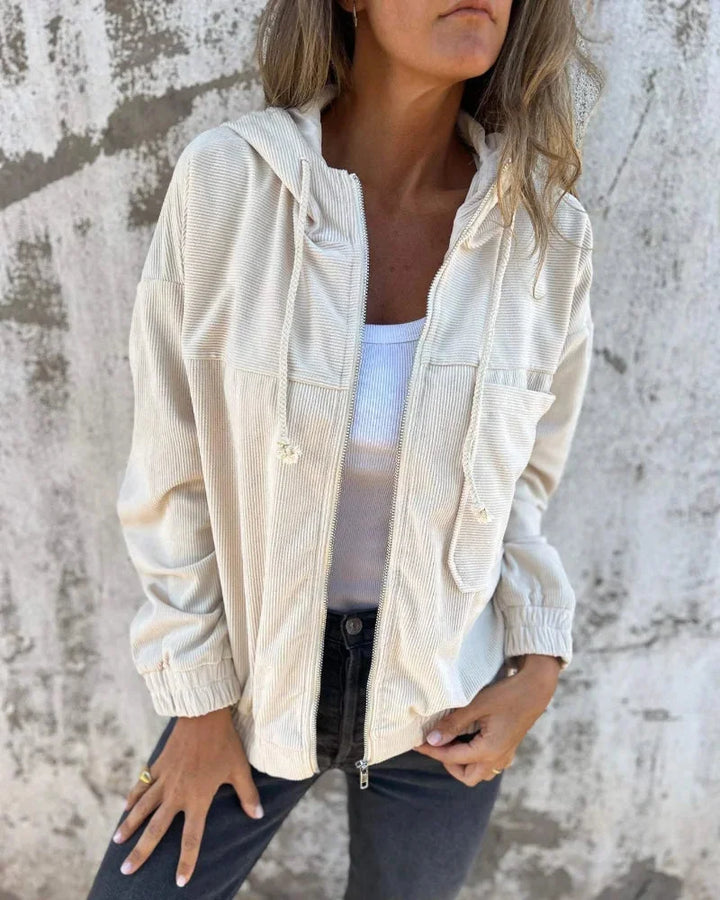 Reinweiße Damen Kapuzenjacke aus Baumwollmix mit Reißverschluss und Kordelzug für individuelle Anpassung.