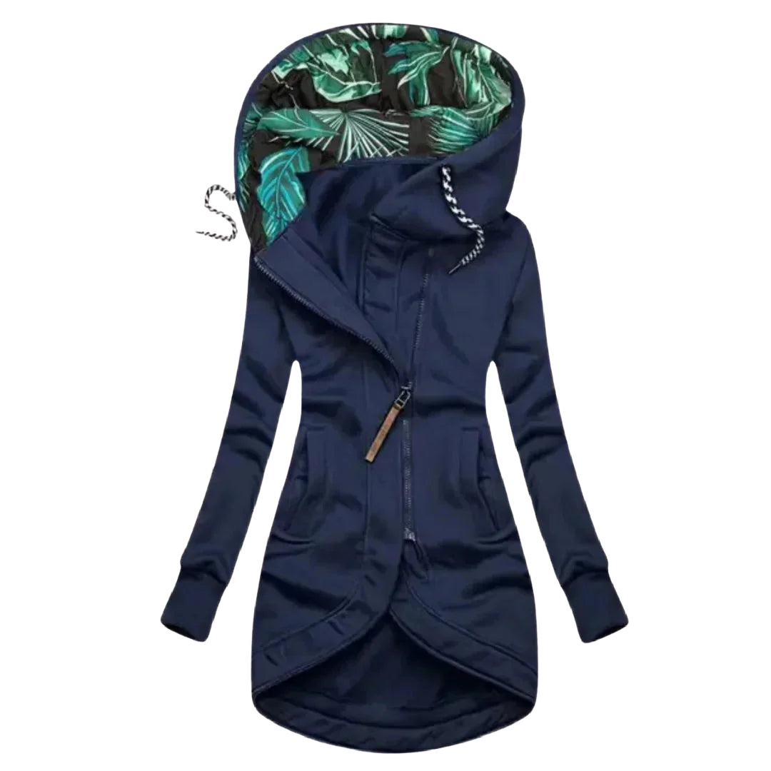 Damen Kapuzenjacke in Blau mit tropischem Innenfutter und asymmetrischem Reißverschluss, gefertigt aus leichtem,…