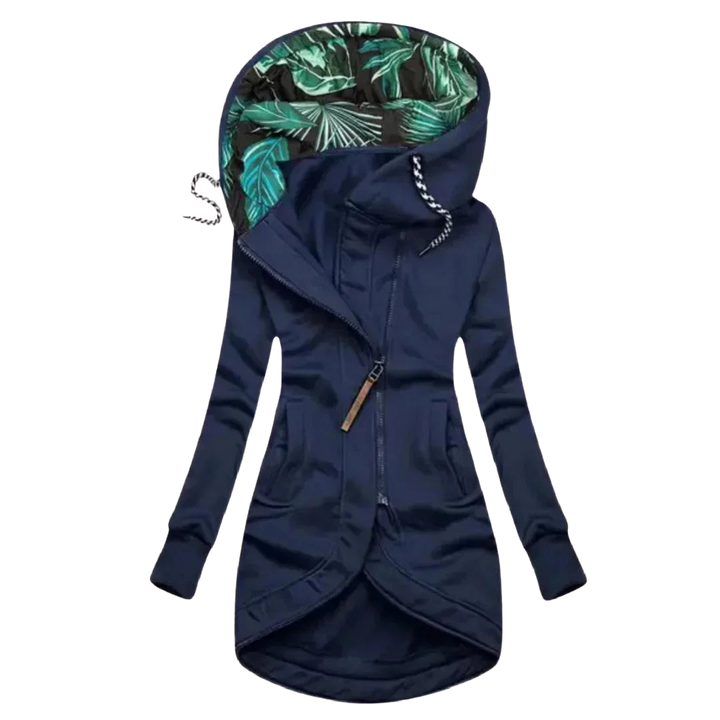 Damen Kapuzenjacke in Blau mit tropischem Innenfutter und asymmetrischem Reißverschluss, gefertigt aus leichtem,…