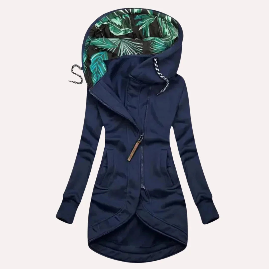 Damen Kapuzenjacke in Blau mit tropischem Innenfutter und asymmetrischem Reißverschluss, gefertigt aus leichtem,…