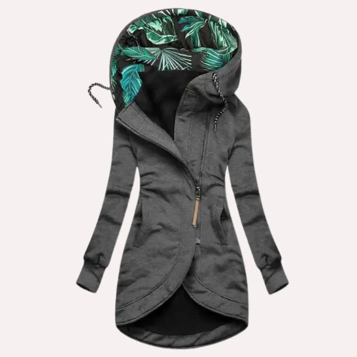 Grau Damen Kapuzenjacke mit tropischem Innenfutter, asymmetrischem Reißverschluss und bequemen Materialien für Alltag.