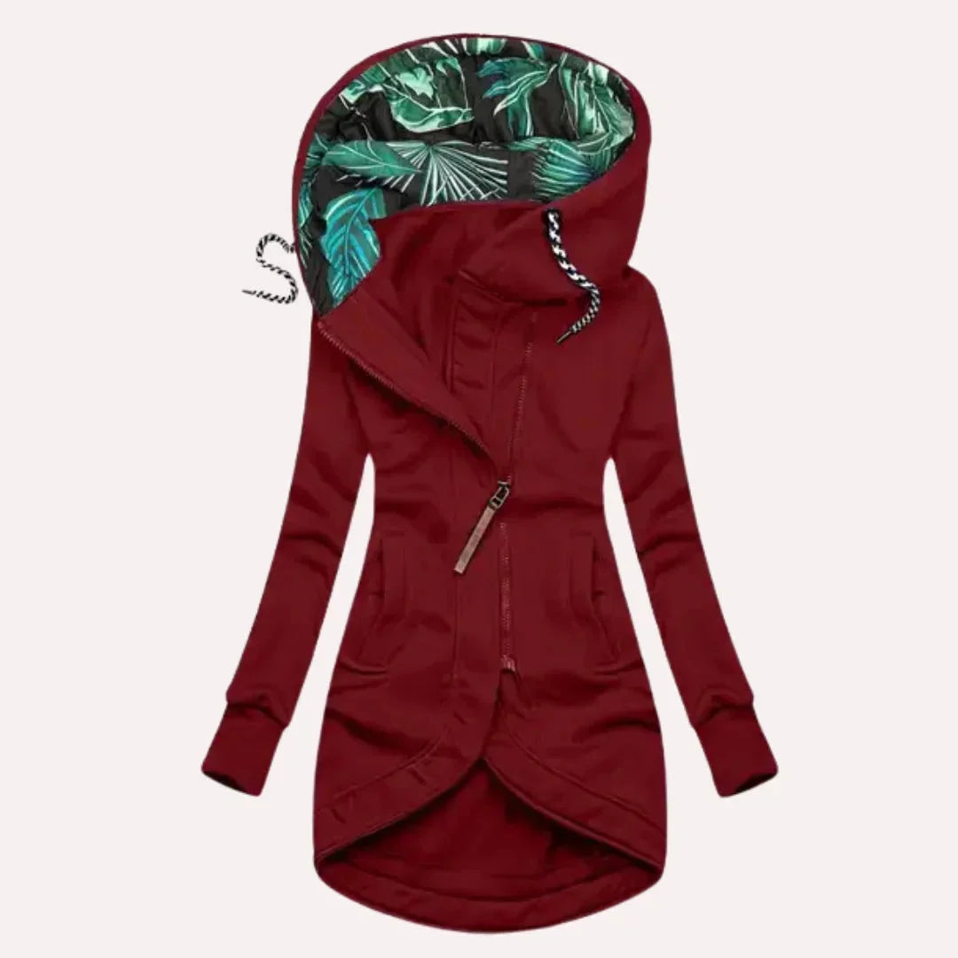Rote Damen Kapuzenjacke aus Baumwolle mit tropischem Innenfutter und asymmetrischem Reißverschluss für lässigen Stil.