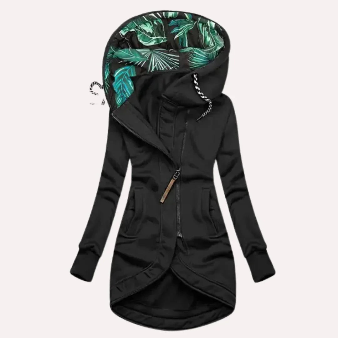 Schwarze Damen Kapuzenjacke mit tropischem Innenfutter und asymmetrischem Reißverschluss aus bequemem, atmungsaktivem…