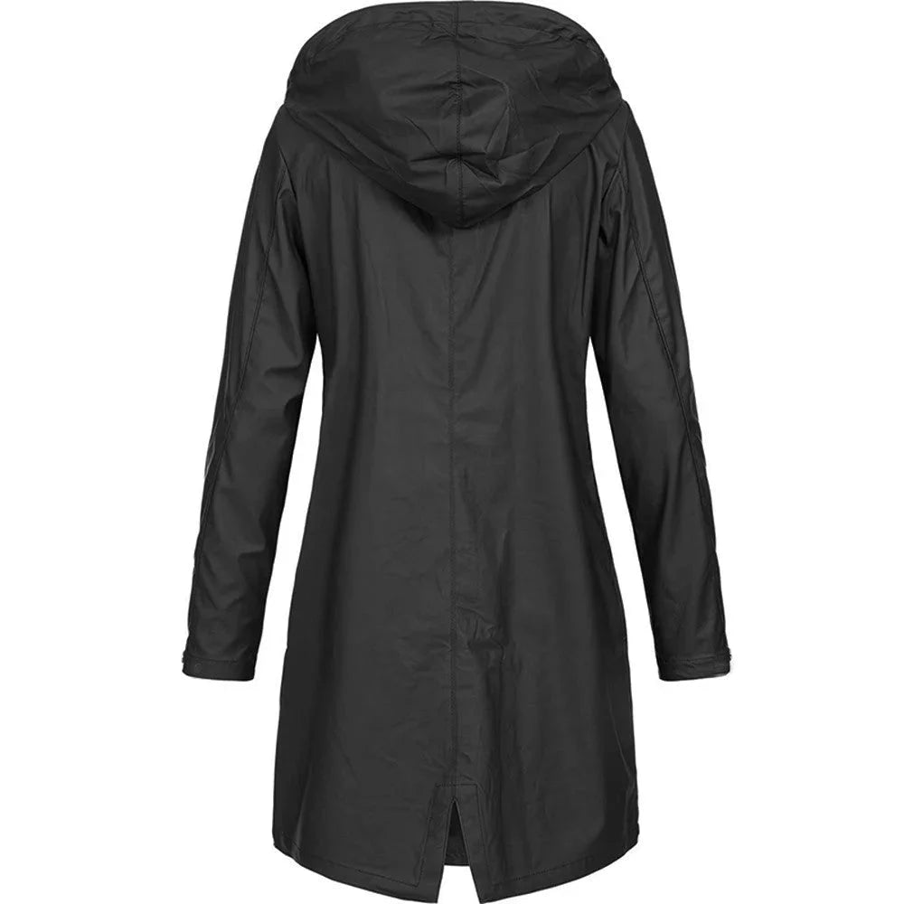 Damen Kapuzenmantel aus weichem Stoff, langer Schnitt mit Rückenschlitz für einen lässigen Look und bequemen Tragekomfort.