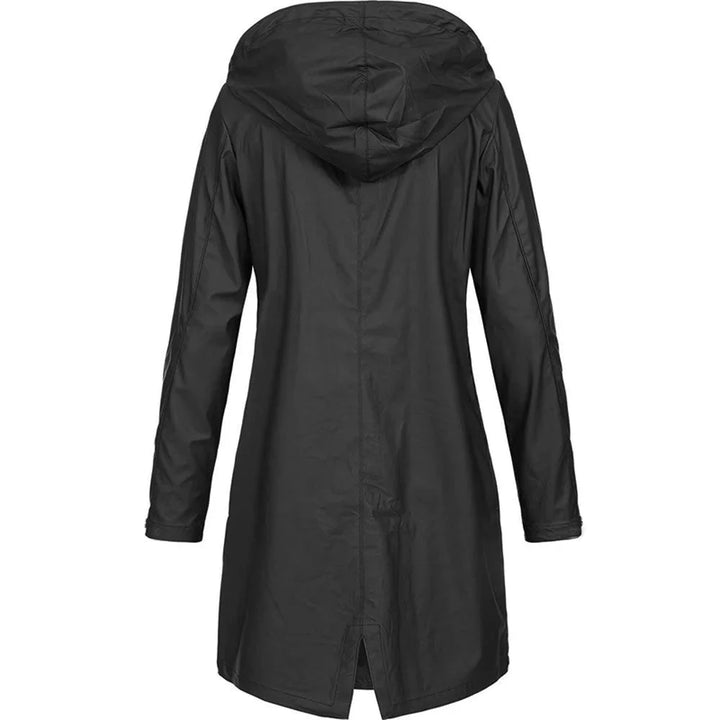 Damen Kapuzenmantel aus weichem Stoff, langer Schnitt mit Rückenschlitz für einen lässigen Look und bequemen Tragekomfort.