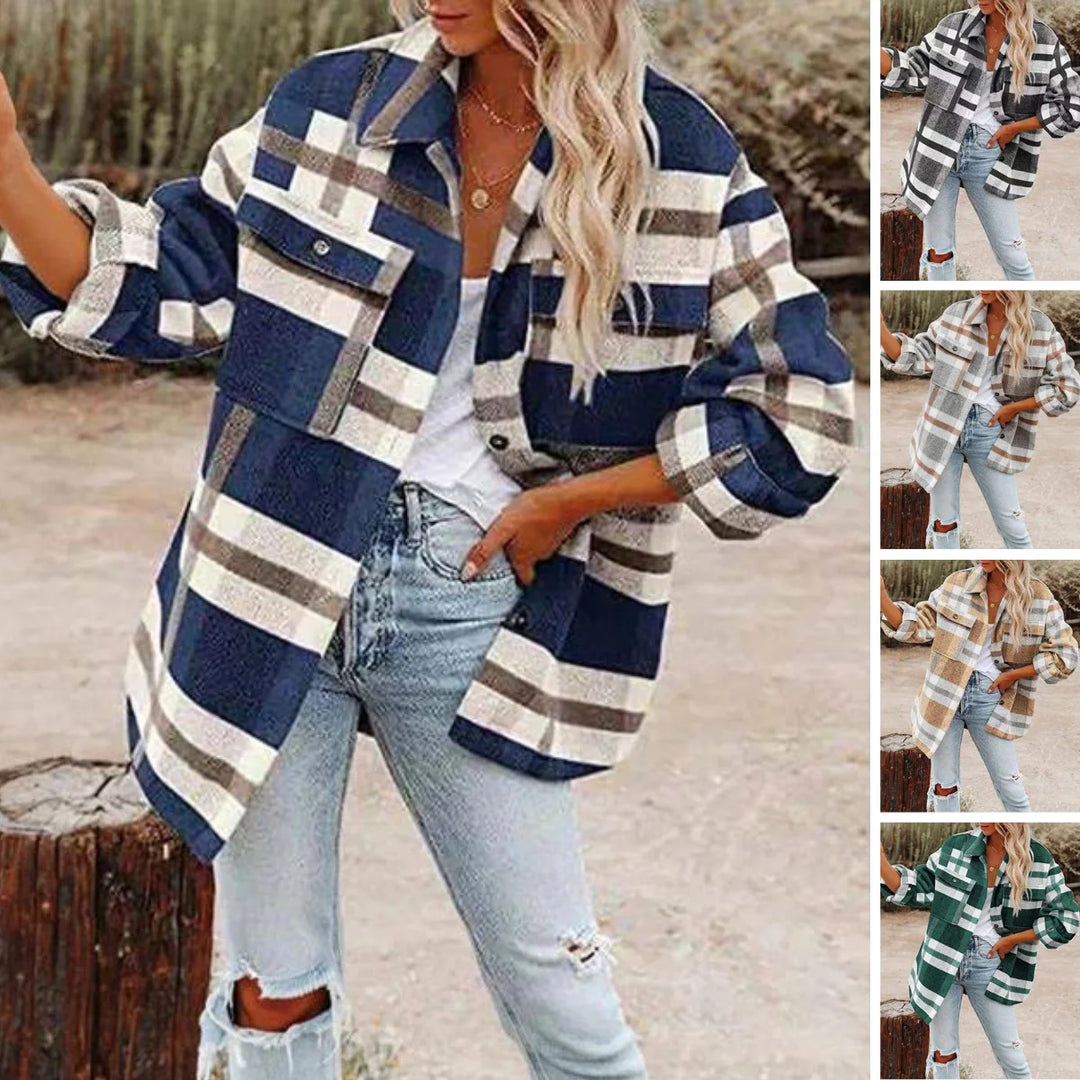 Damen Karierte Übergrößenjacke aus warmem Stoff mit Knopfleiste und klassischen Karos, ideal für den Herbst.