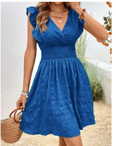Blau Damen-Kleid aus Baumwolle mit Rüschenärmeln und tailliertem Schnitt für jeden Anlass.