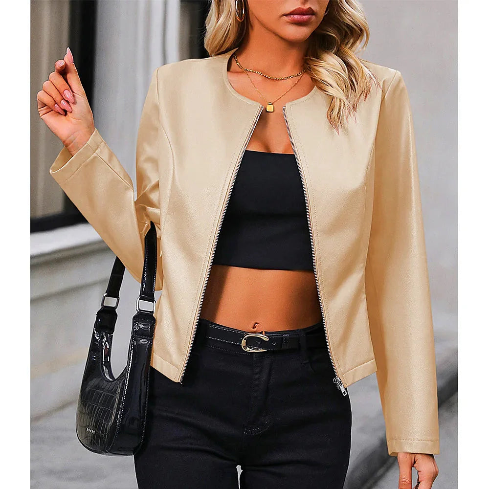 Aprikose Damen Kurzjacke mit Reißverschluss, Rundhalsdesign und leichtem, atmungsaktiven Material für Alltag und Freizeit.