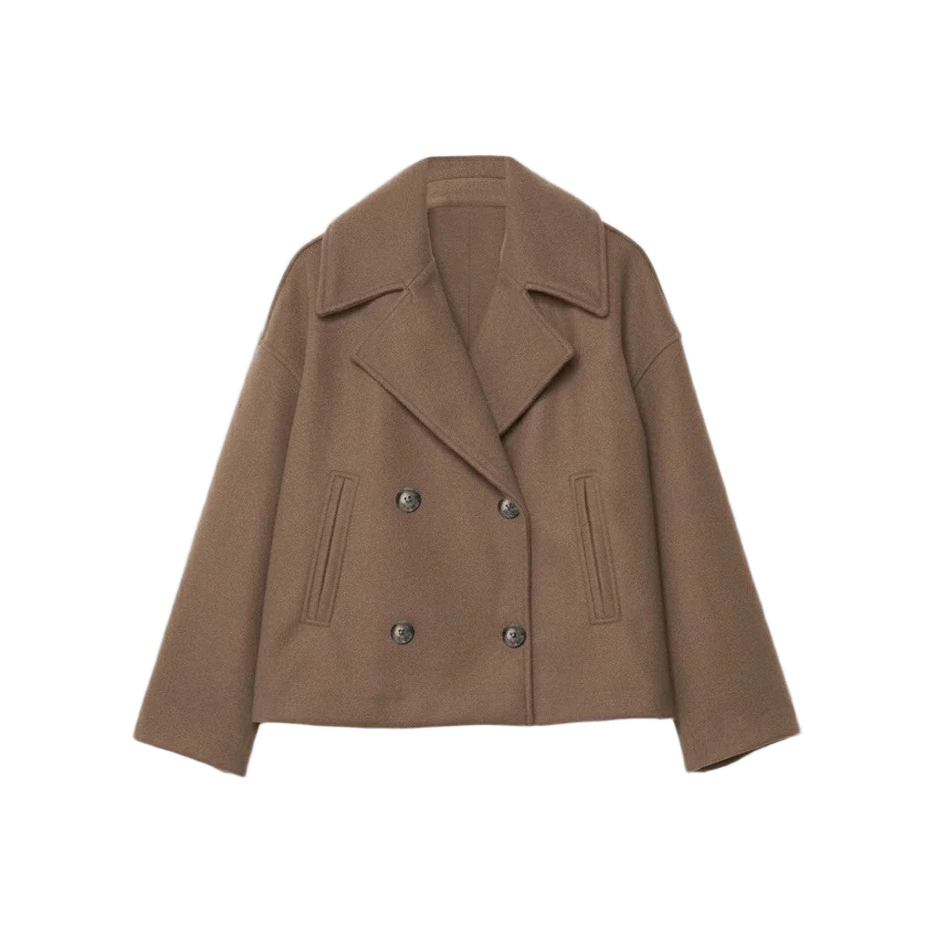 Damen Kurzmantel aus weichem Wollmix, doppelter Knopfleiste und weitem Kragen für einen modernen Look.