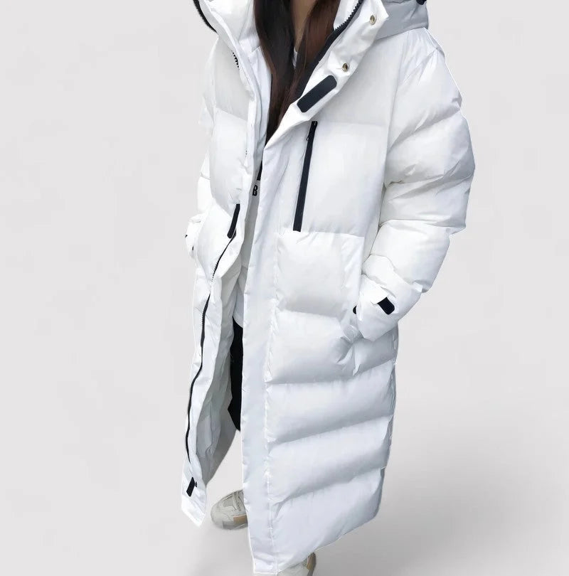 Damen lang geschnittener wattierter Mantel mit Kapuze aus Polyester, ideal für kalte Tage, mit praktischen Taschen und…