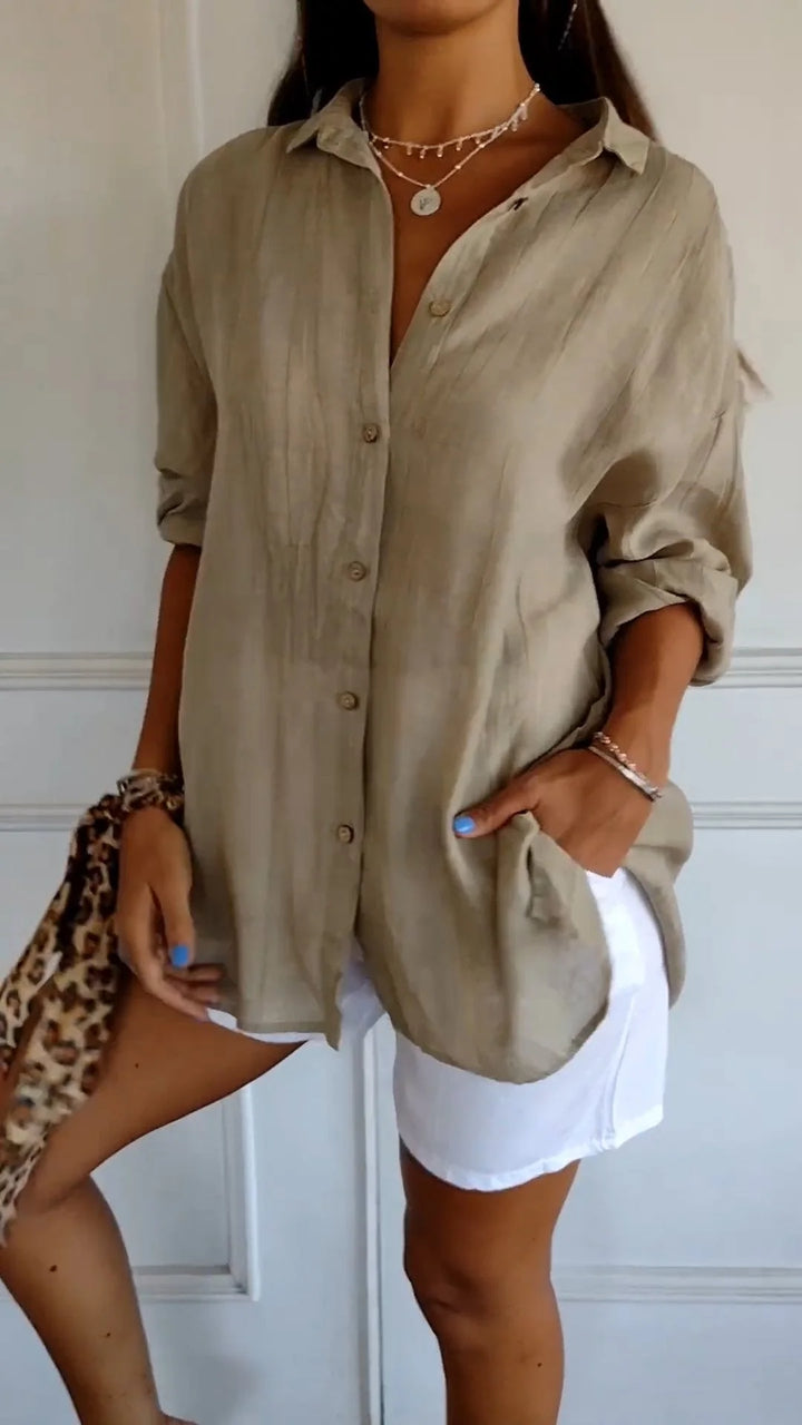 Apricot Damen Langarm-Hemd aus leichtem Stoff mit lockerer Passform und Knopfleiste, ideal für entspannte Outfits.