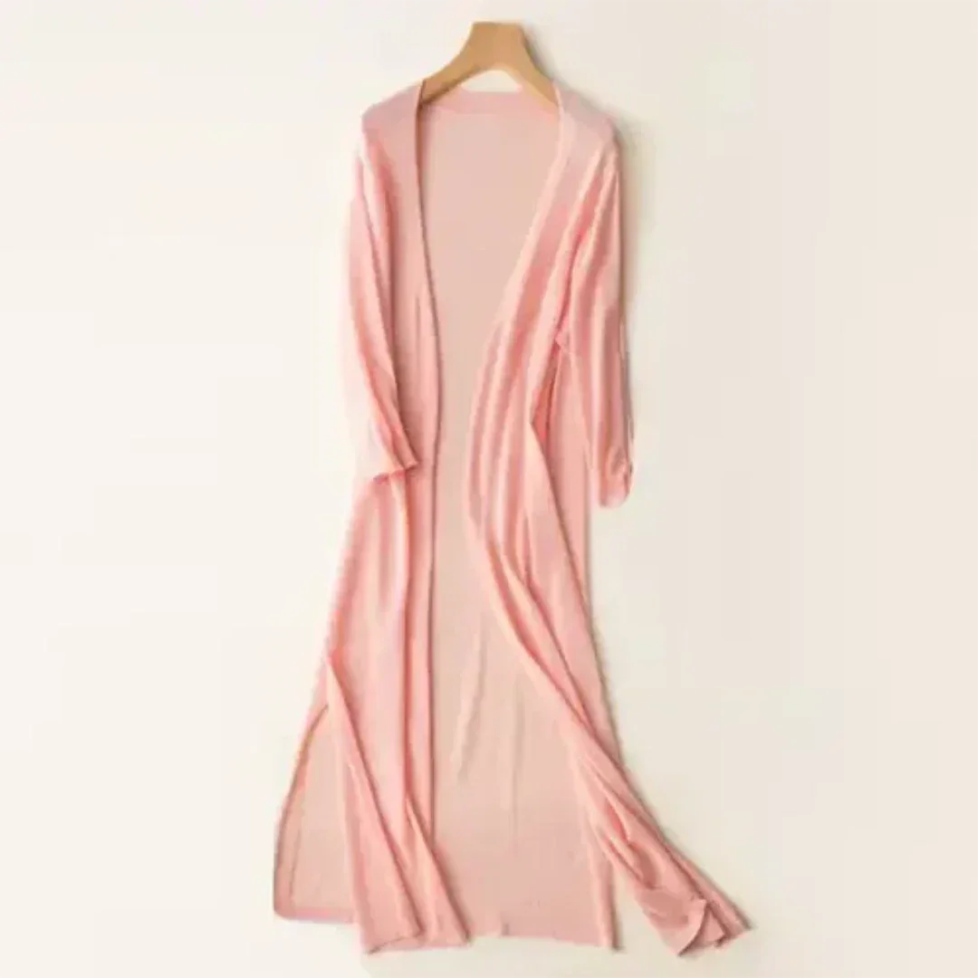 Rosa Damen Langarm Strickjacke, offene Front, weiches Material, lässiges Design, ideal für verschiedene Anlässe.