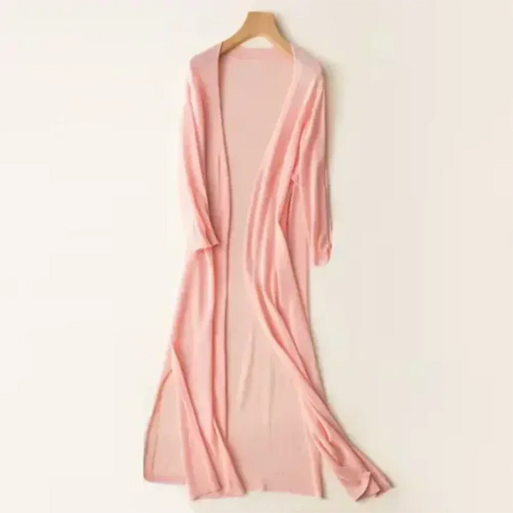 Rosa Damen Langarm Strickjacke, offene Front, weiches Material, lässiges Design, ideal für verschiedene Anlässe.