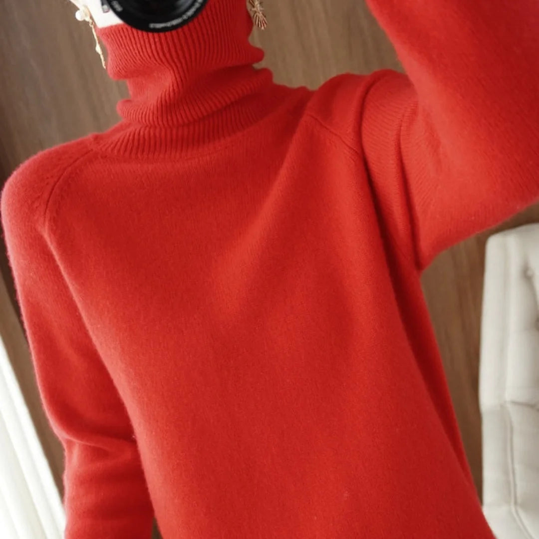 Roter Damen Langarm Pullover mit Rollkragen aus weicher Baumwolle, ideal für den Herbst und Winter.
