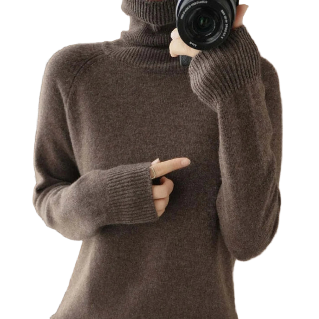 Brauner Damen Langarm Pullover mit Rollkragen aus weichem Baumwollmix, klassischem Schnitt und bequemer Passform.