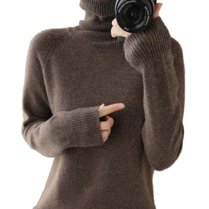 Brauner Damen Langarm Pullover mit Rollkragen aus weichem Baumwollmix, klassischem Schnitt und bequemer Passform.