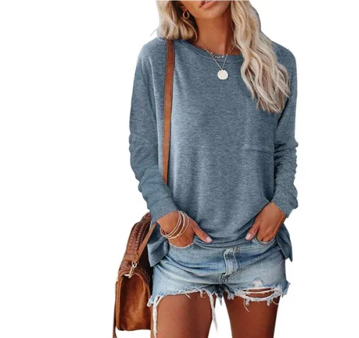 Blaues Damen Langarm-Sweatshirt aus weicher Baumwolle, Rundhalsausschnitt und praktische Seitenschlitze für…