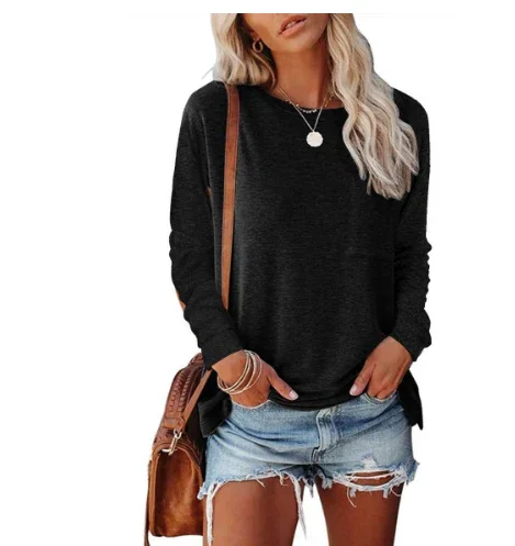 Schwarzes Damen Langarm-Sweatshirt aus Baumwolle mit Rundhalsausschnitt und praktischen Seitenschlitzen für zusätzlichen…