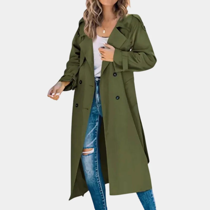 Damen Lange Übergangsjacke aus hochwertigem Stoff mit Knopfdetails und modernem, schlichten Design für vielseitige Outfits.