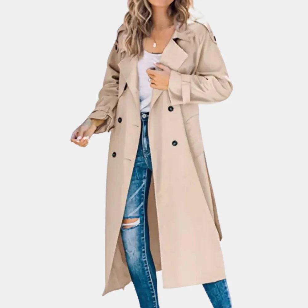 Damen Khaki Übergangsjacke aus Baumwolle mit Knopfdetails und praktischen Taschen, ideal für die Übergangszeit.