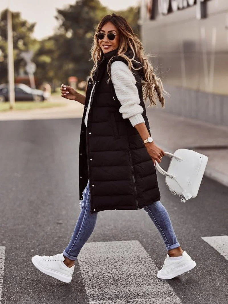 Damen Lange Bodywarmer mit Seitentaschen