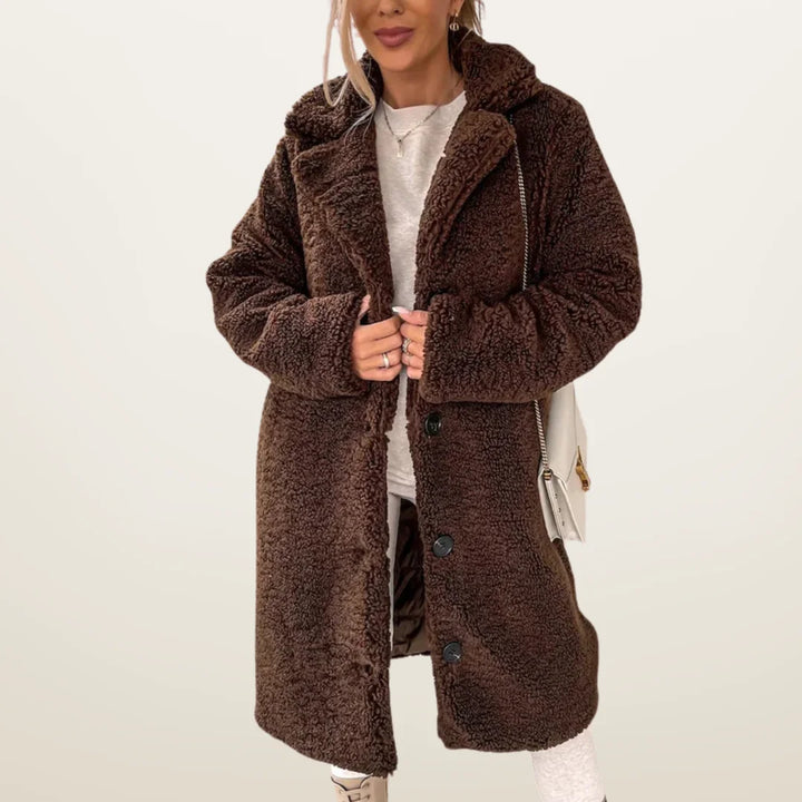 Dunkelbraune Damen Übergangsjacke, flauschig, mit Kapuze und gemütlichem Design, ideal für kühle Tage.