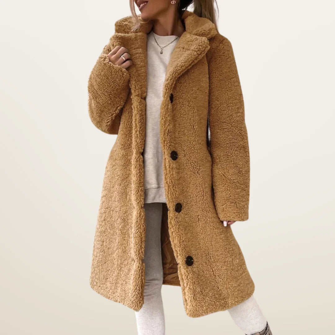 Damen Lange Übergangsjacke in Khaki, flauschiger Stoff, mit Kapuze, lässiger Schnitt und praktischen Taschen.
