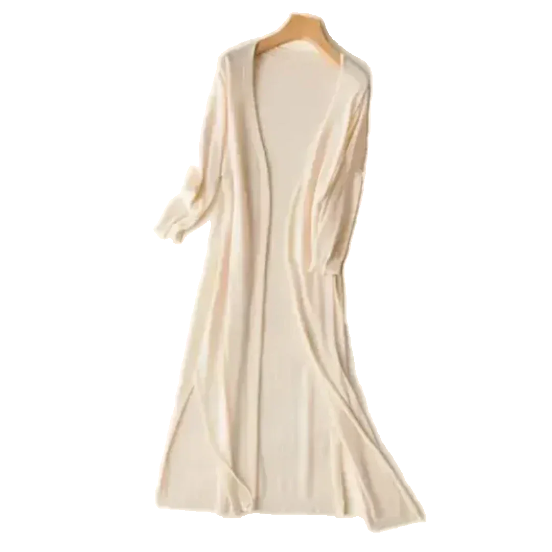 Beige Damen Langarm Strickjacke aus weichem Material, offen geschnitten mit lässigem Look für vielseitige Kombinationen.