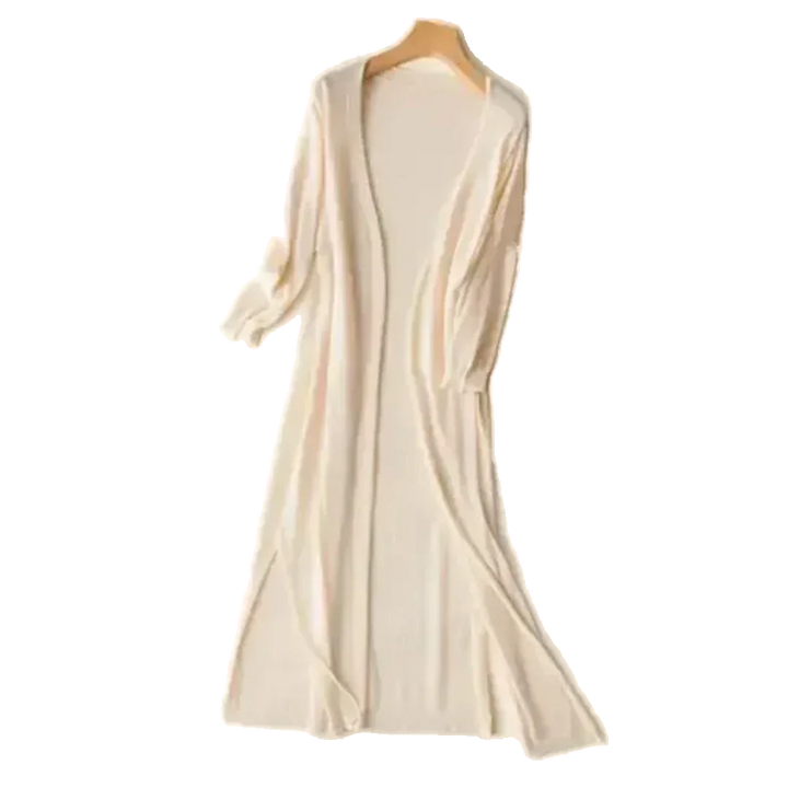 Beige Damen Langarm Strickjacke aus weichem Material, offen geschnitten mit lässigem Look für vielseitige Kombinationen.