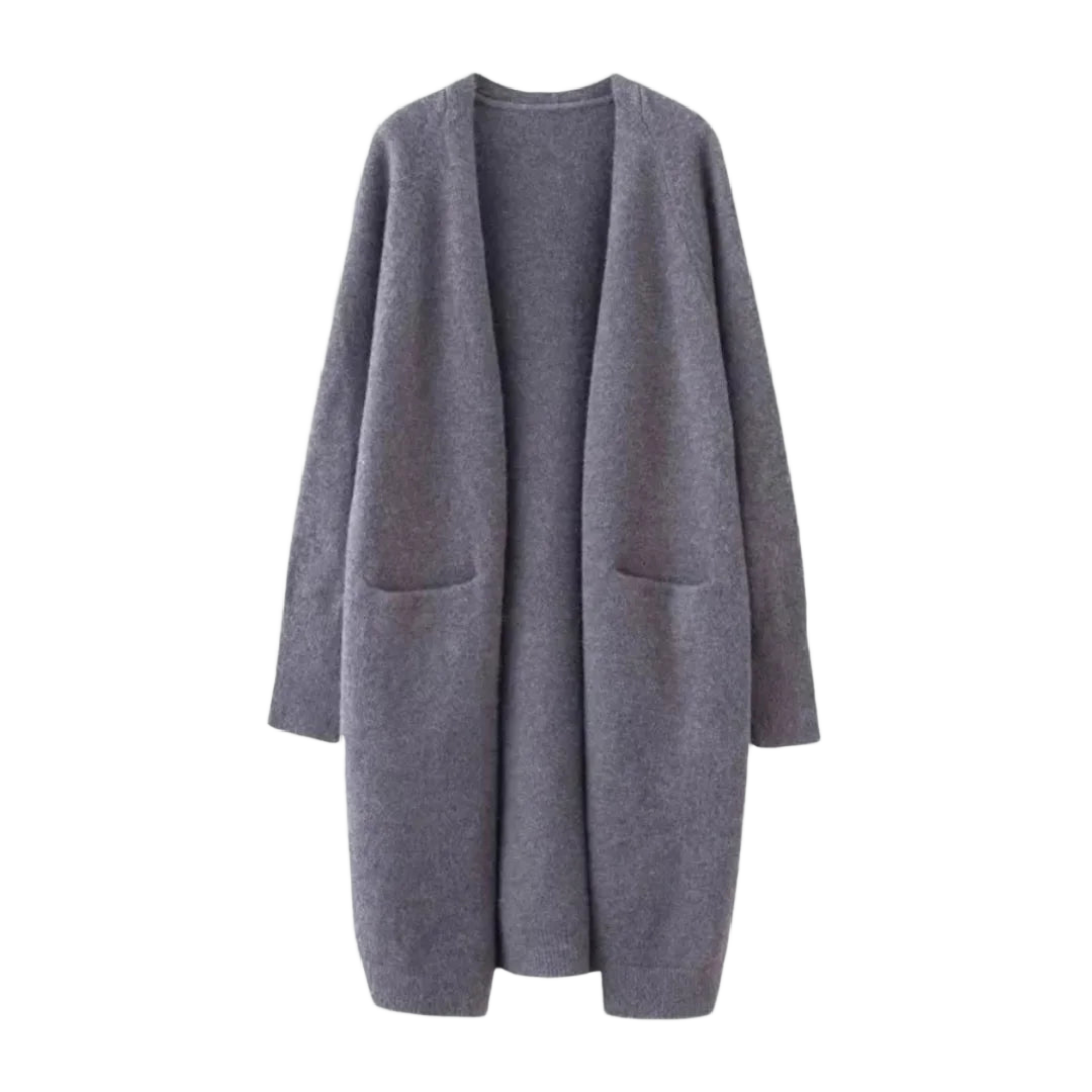 Dunkelgrauer Damen-Strickcardigan, offen, lang, mit Taschen, aus weichem Material für gemütlichen Tragekomfort.
