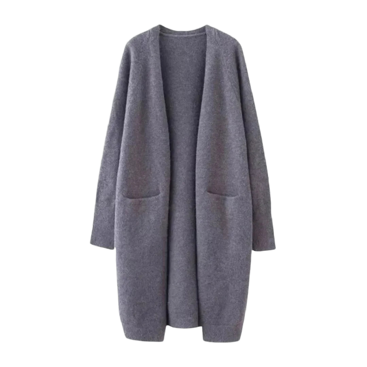 Dunkelgrauer Damen-Strickcardigan, offen, lang, mit Taschen, aus weichem Material für gemütlichen Tragekomfort.